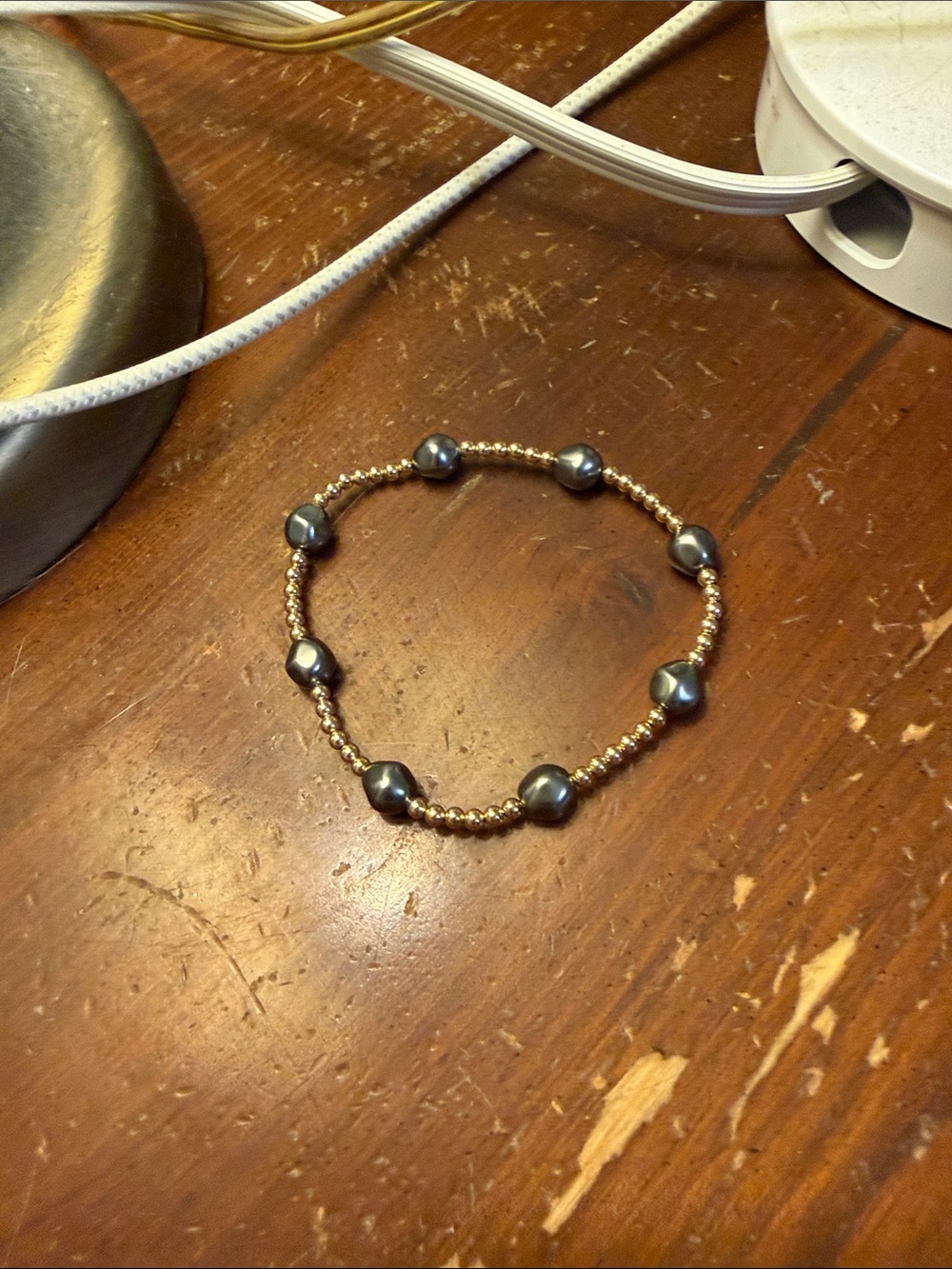 Gold Bead Bracelet with Gray Pearl Accents - Picture 2 of 2